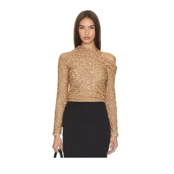Self Portrait Gold Sequin Asymmetric Zip Top Sz 0NWT